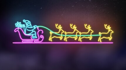 Fototapeta premium Neon Christmas Ride: A vibrant neon sign of a reindeer-pulled sleigh, carrying gifts through the night sky. Witness the charm of the holiday season captured in this luminous display.
