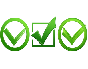 Three green checkmarks two in circles, one in a square, glossy, on a black background