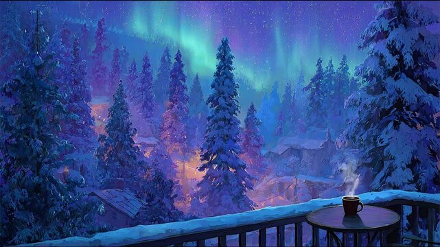 Winter forest scene with aurora borealis and warm beverage