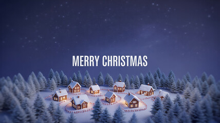 A snowy winter village at night with illuminated houses and Christmas trees under a starry sky
