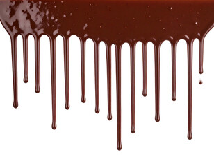 Dripping chocolate. Sweet, dark brown viscous fluid cascades downward against a stark black background