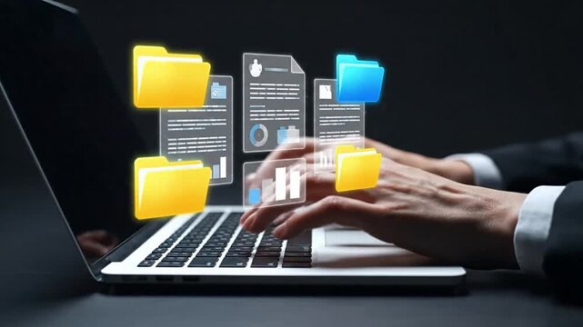 Virtual Files Transfer Concept Typing on Laptop in Futuristic Style
