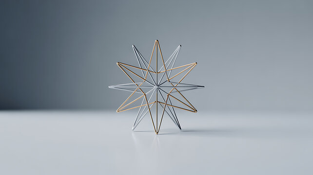 Geometric star sculpture with intersecting metallic lines on a minimalist surface