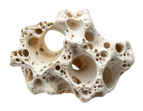 Porous white rock with irregular shapes and numerous holes, isolated on a black background