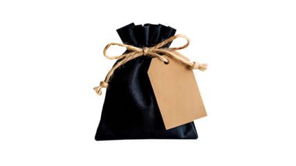 Black gift pouch with brown tag and rope bow isolated on white background