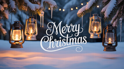 Snow-covered pine branches with glowing lanterns and festive 'Merry Christmas' text in a winter scene