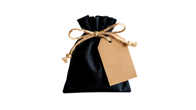 Black gift pouch with brown tag and rope bow isolated on white background
