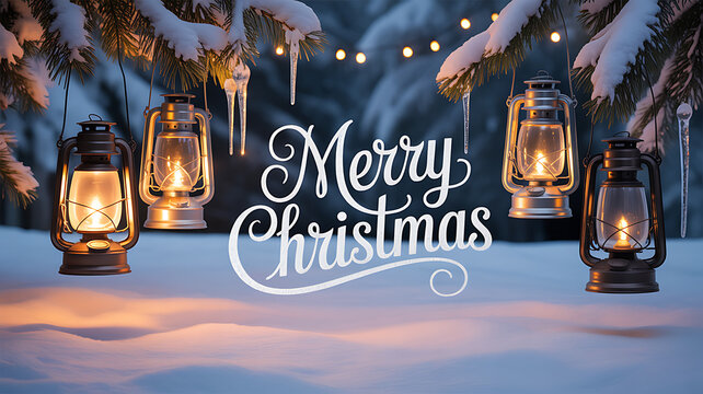 Snow-covered pine branches with glowing lanterns and festive 'Merry Christmas' text in a winter scene