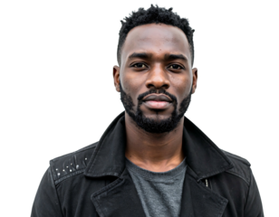 Portrait of a Black man with beard and denim jacket against a dark background, looking forward with a serious expression