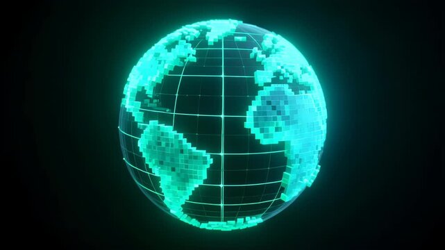 Glowing voxel globe digital earth turquoise blocks rotating sphere data grid neon light 3D render futuristic map cyber world technology with