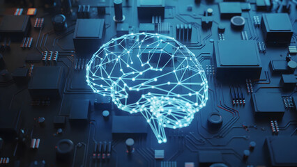 Futuristic glowing brain symbolizing artificial intelligence and neural networks on a modern circuit board, representing advanced technology and innovation