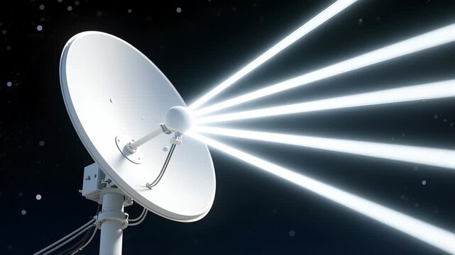 Parabolic dish antenna satellite communication microwave signal ground station space network night sky technology white metal beam with high gain