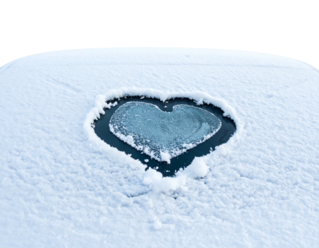 Snowy surface with a heart shape cleared, dark center, bright snow