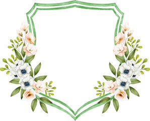 A beautiful hand drawn watercolor illustration of a floral crest frame, featuring delicate anemone and rose flowers, perfect for invitations and decorations.
