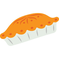 A Golden Baked Pastry with Decorative Orange Swirls and Red Dot Border Against a Clean White Background