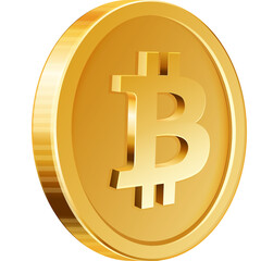 A golden Bitcoin coin with a prominent B symbol shown in a 3D perspective on a transparent background