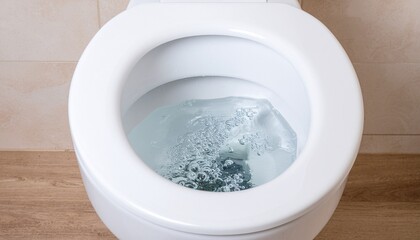 Close-up of a White Toilet Bowl with Bubbling Water After Flushing
