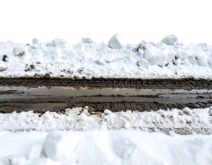 Snowy tracks on a muddy road with thick snowbanks under a dark sky