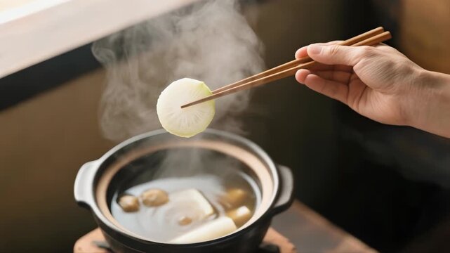 Steaming oden clay pot with chopsticks lifting daikon in rich broth simmer Japanese comfort food, cozy rustic kitchen scene warm and inviting