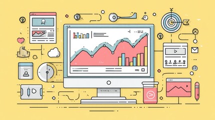 Flat line vector illustration of digital marketing strategy with computer screen, social media icons, and analytics dashboard
