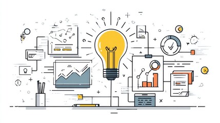 Flat line vector of creative business idea generation, featuring light bulb, charts, and communication lines
