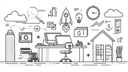 Line art illustration of entrepreneurship concept with small startup office, laptops, and business icons