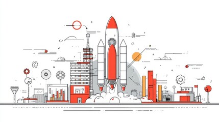 Modern flat line style business illustration of startup launch with rocket, gears, and growth charts on clean white background