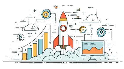 Modern flat line style business illustration of startup launch with rocket, gears, and growth charts on clean white background