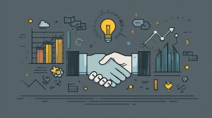 Modern flat line style vector of business partnership handshake surrounded by charts, arrows, and light bulbs symbolizing success