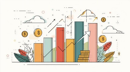 Modern vector illustration showing business growth with bar charts, arrows, and currency symbols in a minimalist flat design style, perfect for finance concepts