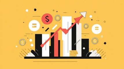 Modern vector illustration showing business growth with bar charts, arrows, and currency symbols in a minimalist flat design style, perfect for finance concepts