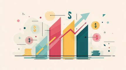 Modern vector illustration showing business growth with bar charts, arrows, and currency symbols in a minimalist flat design style, perfect for finance concepts