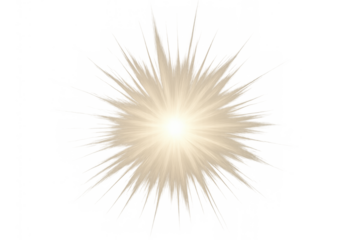 Golden glowing starburst effect with bright light rays emitting from center on transparent background