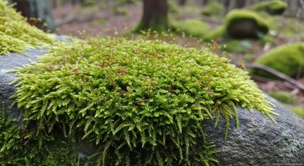 view captures vibrant green moss thriving atop a textured, gray rock surface.