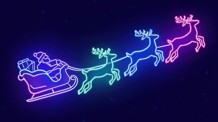 Santa's Neon Journey: A vibrant neon illustration of Santa Claus soaring through the night sky in his sleigh, pulled by reindeer, carrying gifts to spread festive cheer.