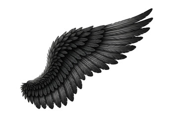 Naklejka premium A detailed close-up view of a dramatic dark gray wing, showcasing intricate feather details against a stark black backdrop.