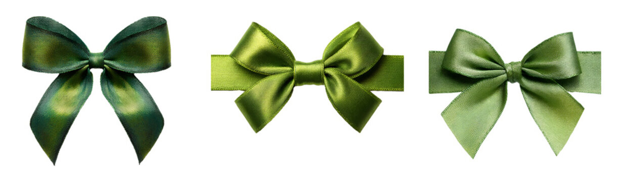 green gift bows isolated on white background, decorative satin ribbon cut out transparent png