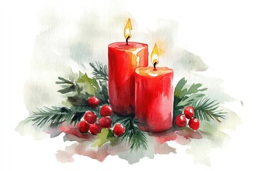 Festive red candles with greenery