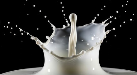 Dramatic  captures the dynamic formation of a milk splash against a stark black backdrop, showcasing the fluid's intricate crown shape and scattered droplets, with a high-speed photography technique.