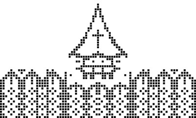 Monochromatic Pixelated Temple with Cross and Ornate Edging