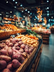 Produce aisle in a grocery store, with various root vegetables