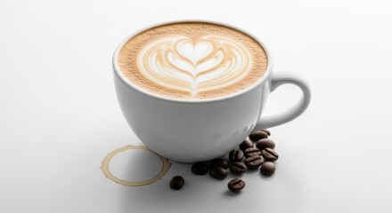 A beautifully crafted latte art beverage is presented in a white ceramic cup, showcasing a heart-shaped design on its foamy surface, accompanied by roasted coffee beans and a subtle coffee stain.