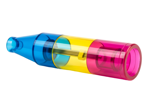 A vibrant, colorful, and modern cylindrical object, composed of three sections in shades of blue, yellow, and magenta, set against a stark black backdrop.