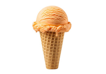 A delectable peach-colored ice cream scoop is nestled in a light-brown waffle cone, dripping with a luscious glaze against a black backdrop.