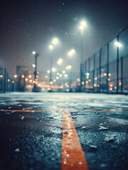 Nighttime city street, snow, and lights