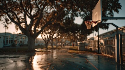 Outdoor basketball court at sunset, blurred background
