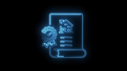 Neon home mortgage approval document glowing icon animation real estate legal contract - Powered by Adobe