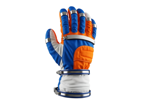 A vivid representation of a futuristic space glove, showcasing a dynamic interplay of blue and orange hues against a stark black backdrop.