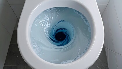 Fototapeta premium Top-Down View of a White Toilet Bowl with Swirling Blue Water and Bubbles