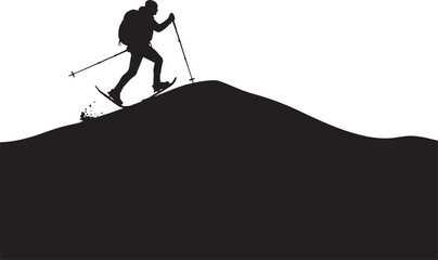 Fototapeta premium Backcountry skier silhouette trekking uphill with poles and backpack, ski touring mountaineering icon.